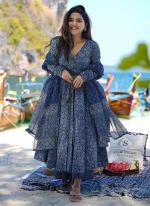 Pure Muslin Navy Blue Party Wear Printed Readymade Anarkali Suit